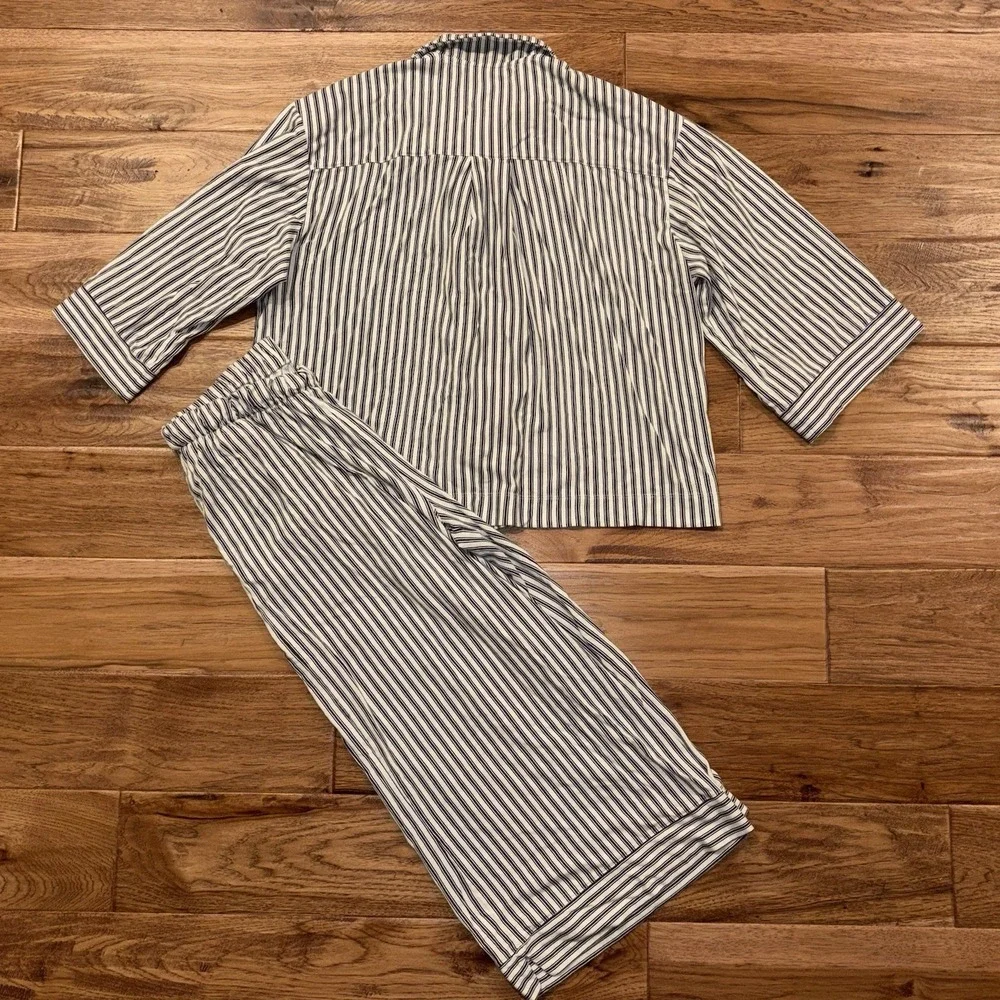 Petite Plume Pima Pajama Set in Navy French Ticking Women's Large